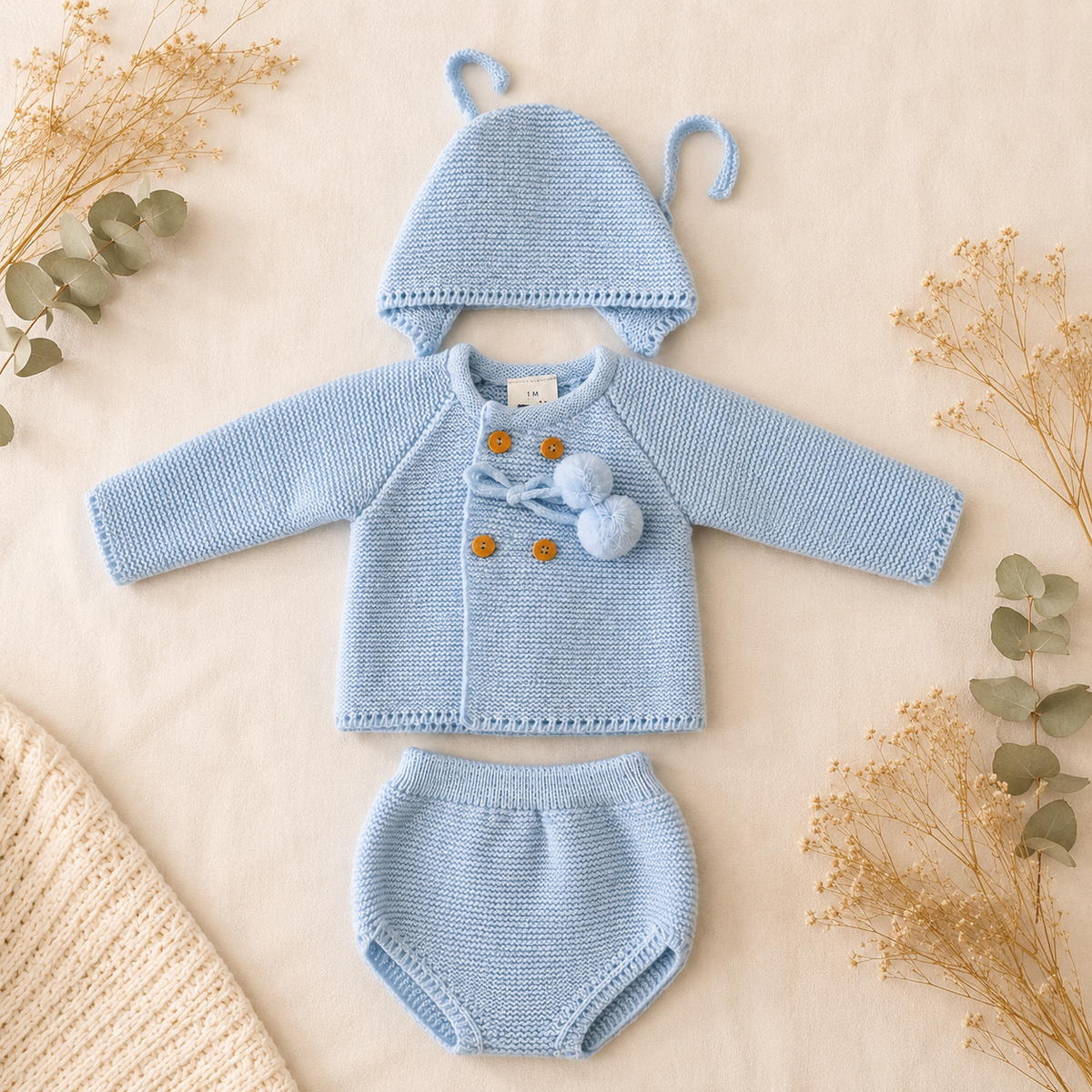 Conjunto 3 Piezas Pompones Azul