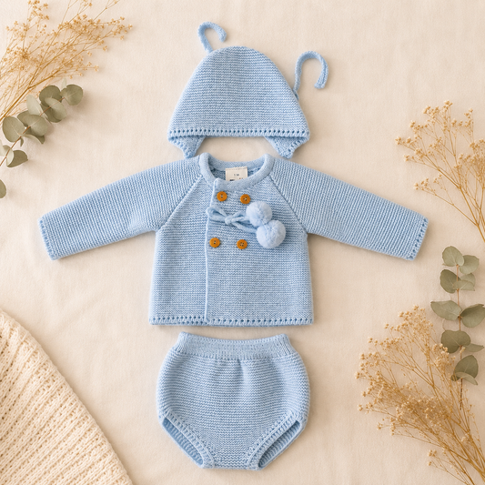 Conjunto 3 Piezas Pompones Azul